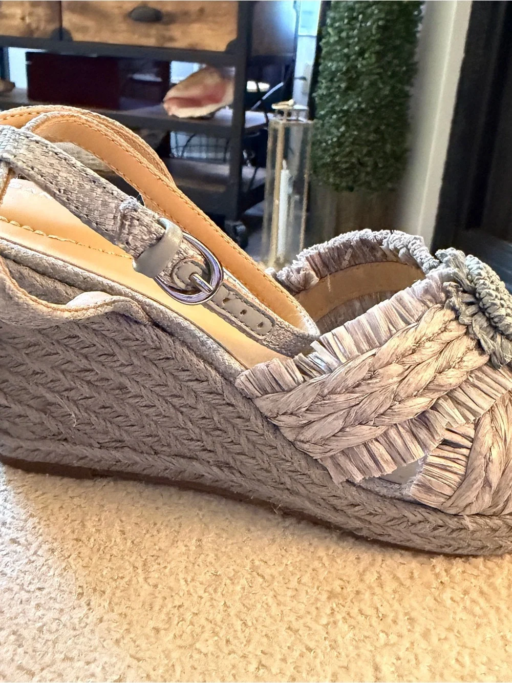 Bandolino Neutral Raffia Flower Strap Sandals